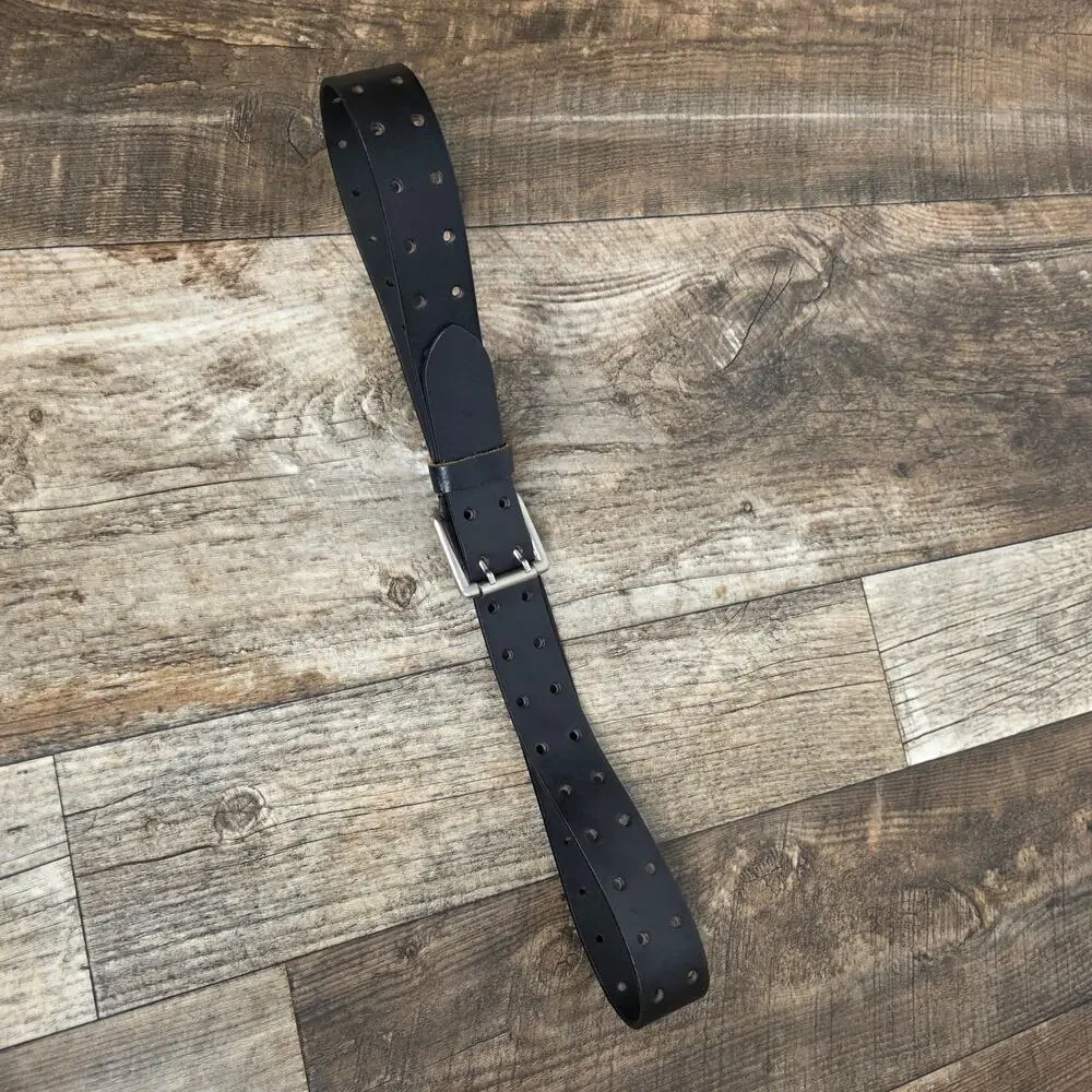 Black Leather Double Hole Belt Unisex Punk Grunge Goth Made in India